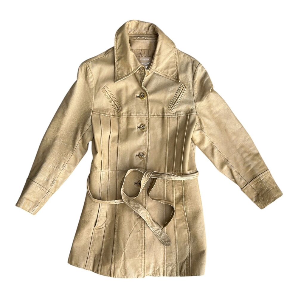 Vintage 70s Montgomery Ward Leather Trench Jacket Belted Tan Size Fits Small-Med